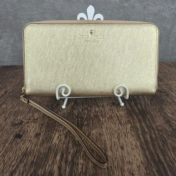 Kate Spade Talk is Chic Wristlet Wallet Metallic Gold Zip Card Slots Storybook - Picture 1 of 12